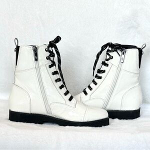 Donald J. Pliner White and Black Combat Boots with Lace-Up and Zipper
